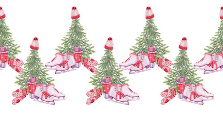 Seamless rim with watercolor winter Christmas tree with red hat and mittens and skates on white background. Border with fir or pine for celebration New Year invite or wrapping and wallpaper. Frame