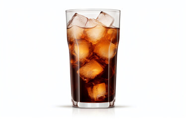 Cold brown drink in tall transparent tall glass on a white background