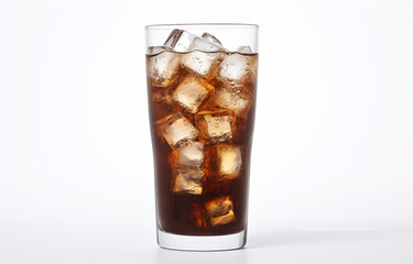 Cold brown drink in tall transparent tall glass on a white background