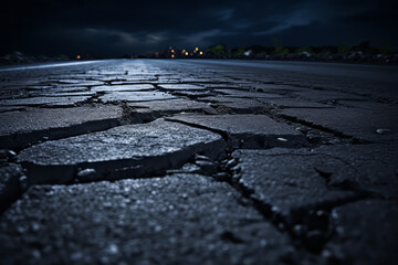close up photo of cracked road surface at night, building lights visible on the horizon