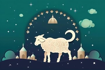 Eid Al Adha festival. Greeting card with sacrificial sheep  on cloudy night background. Eid Mubarak theme.  