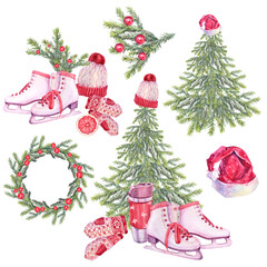 Set with watercolor winter Christmas tree with red hat and mittens and skates isolated on white background. Clipart with fir or pine for celebration New Year invite or wrapping and wallpaper