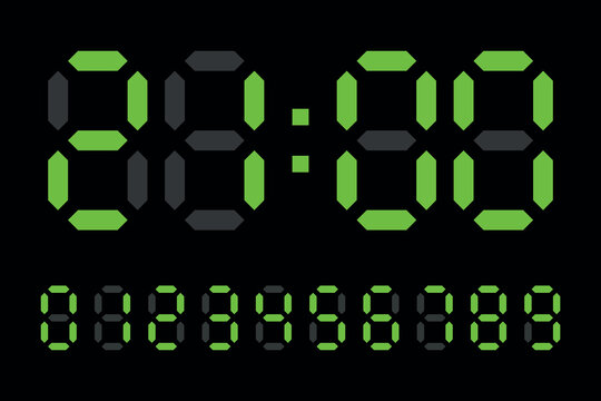 Digital LED Clock numbers electronic figures vector on black background.