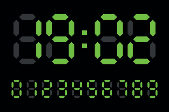 Digital LED Clock numbers electronic figures vector on black background.