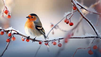small abstract bird on a branch, winter greeting card greeting background wildlife copy space