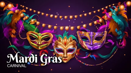 Selbstklebende Fototapeten Happy Mardi Gras Carnival Poster Design with Venetian masks in gold, purple and green colors © Darwin Vectorian