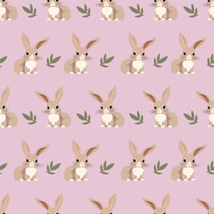 Rabbit or Bunny seamless pattern on pink background. Cute backgroundprint for Easter decoration, wrapping and wall paper, textile print, covering.