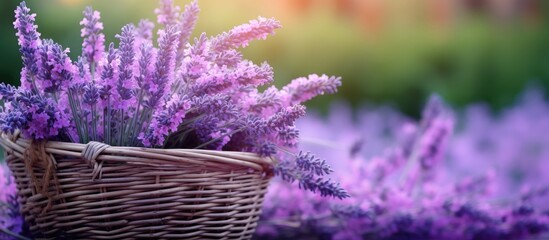 Basket filled with lavender blooms against a backdrop of a garden