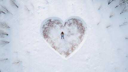 An aerial view,  capturing the woman standing with a heart shape in the snow-covered ground. The scene unfolds from above, revealing the intricate details of the snowy canvas and her creativity. 