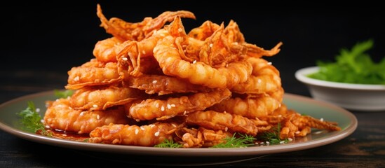 Shrimp covered in kataifi dough served on a plate with a blurred background creating a crispy and appetizing meal