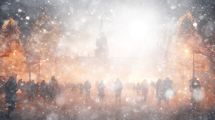 festive Christmas evening on the square in the city abstract landscape silhouettes of people in a snowfall, winter festive background