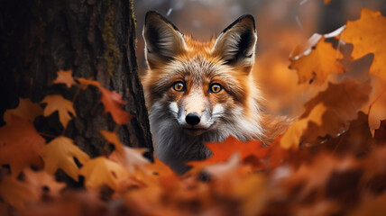 Fototapeta premium cute fox in the autumn forest, orange tones of an autumn day in a portrait of a wild nature predator