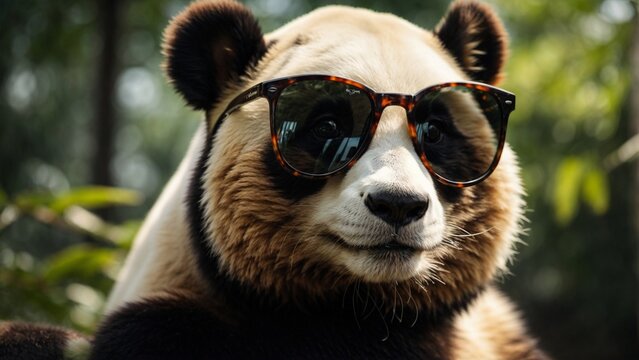 Close up high resolution image of a cute giant panda wearing sunglasses. Generative AI.