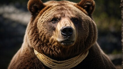 Close up high resolution image of a huge grizzly bear wearing gold chain necklace. Generative AI.