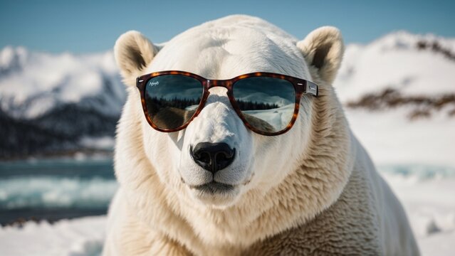 Close up high resolution image of cool polar bear wearing sunglasses. Generative AI.