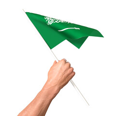 3d hand hold Saudi Arabia flag 3D render illustration, isolated on a white background