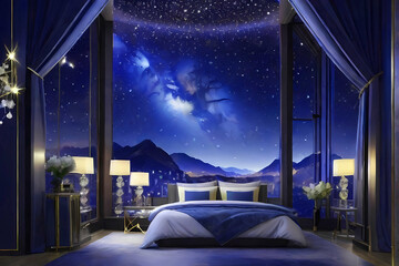 青の星空癒しのホテルでおやすみ - obrazy, fototapety, plakaty