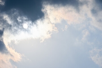 beautiful blue sky and cloud with golden ray sunrise in the morning, natural background