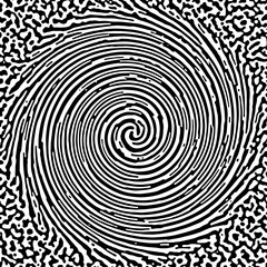 Black and white spiral with abstract Turing ornament halftone reaction diffusion psychedelic background.