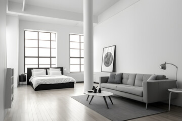 Interior design of minimalist studio apartment.