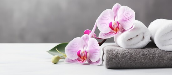 On a gray background there is a branch of a pink orchid and a rolled towel in white Alongside them are a herbal ball and two candles There is some empty space available for copying