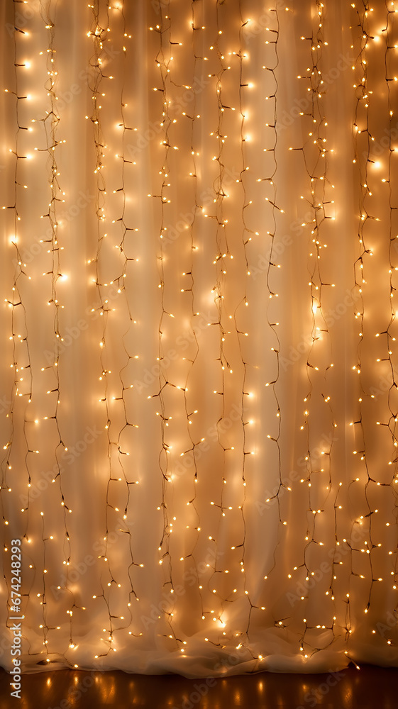 Wall mural vertical background christmas golden garlands and light bulbs, glowing decorations abstract background with copy space