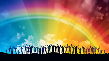 row of silhouettes of people standing under rainbow.  illustration multicolor spectrum background copy space peace and freedom