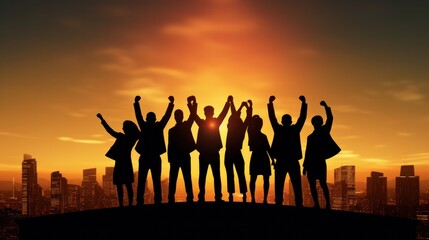 Silhouette of business team stand and feel happy on the most hight at stand on sunset, success, leader, teamwork, target, Aim, confident, achievement, goal, on plan, finish, generate by AI