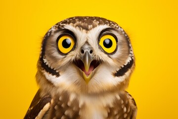 Fototapeta premium Surprised owl isolated on yellow background. Season of discounts and sales