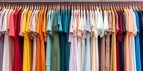 Clothes collection hanging on hangers ,, Clothes store with rack of clothes Generative Ai