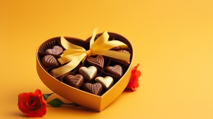 Valentine's day concept, chocolate gifts and roses are on a yellow background, heart shaped...
