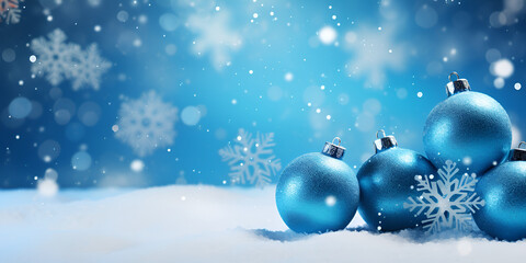 Fototapeta na wymiar Winter Fantasy: Blue Christmas Baubles with Snowy Background,, Blue Baubles Festivity: Holiday Decorative Bliss Generative Ai