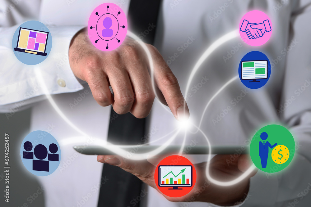 Poster marketing strategy. man using tablet computer, closeup. different virtual icons appearing before tou