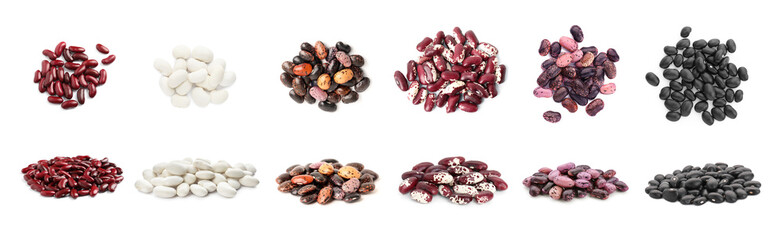 Different raw kidney beans isolated on white. Collection with top and side views