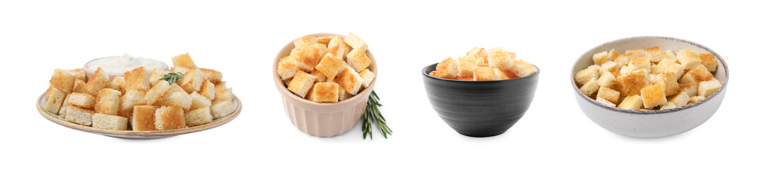 Delicious crispy croutons isolated on white, set