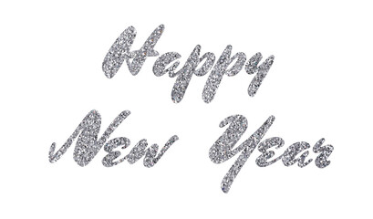 Glittery silver text Happy New Year on white background