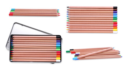 Colorful pastel pencils isolated on white, collection. Drawing supplies
