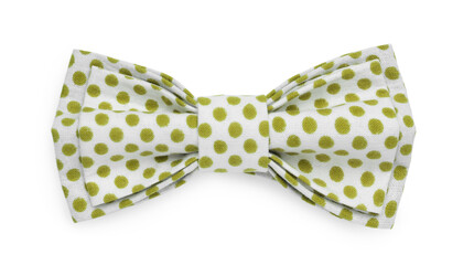 Stylish bow tie with green polka dot pattern isolated on white