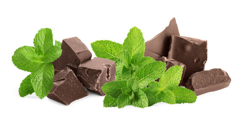 Milk chocolate chunks and mint leaves isolated on white