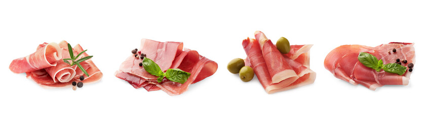 Delicious sliced jamon isolated on white, set