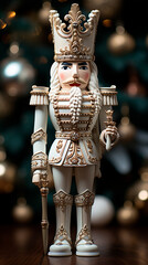 Vertical photo of a white and gold wooden nutcracker, in front of a Christmas tree, generative AI