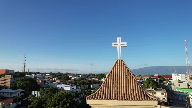 360 view of bell tower of a Dominican Catholic church in Bararhona