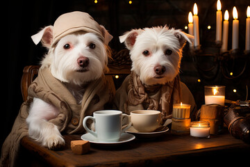 Two cute puppies with their white fur, with their brown winter clothes and hat, drinking tea, on Christmas Eve of December 24, with lit candles for decoration, generative AI