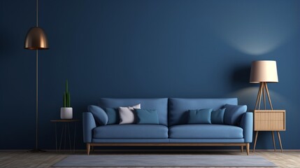 Spacious, Elegant Living Room with Relaxing Blue Wall and Cozy Sofa generated by AI tool 