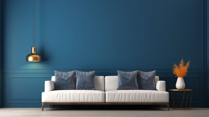 Spacious, Elegant Living Room with Relaxing Blue Wall and Cozy Sofa generated by AI tool 