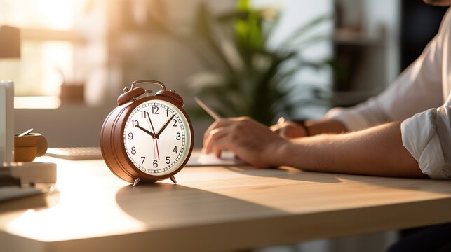 Alarm clock on table near business man working on laptop, meeting discussion people or team background, time management concept, focused on alarm clock