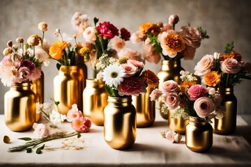 Bouquets of flower arrangements in gold glass jars - obrazy, fototapety, plakaty