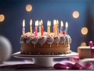 Pastel de cumpleaños con velas y fondo azul - obrazy, fototapety, plakaty