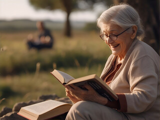 Mujer mayor abuela leyendo un libro en al campo - obrazy, fototapety, plakaty