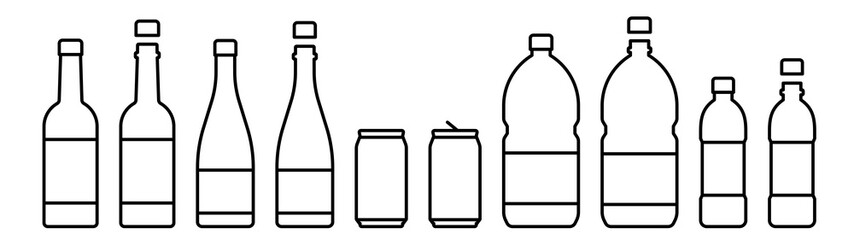 Glass bottles, cans and plastic bottles icon set. Black color outline icon on white background. - obrazy, fototapety, plakaty